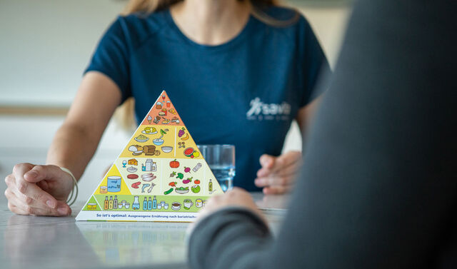 Im Vordergrund ist eine Ernährungspyramide zu sehen. Im Hintergrund befindet sich die Ernährungsberaterin im Gespräch mit einem Patienten.